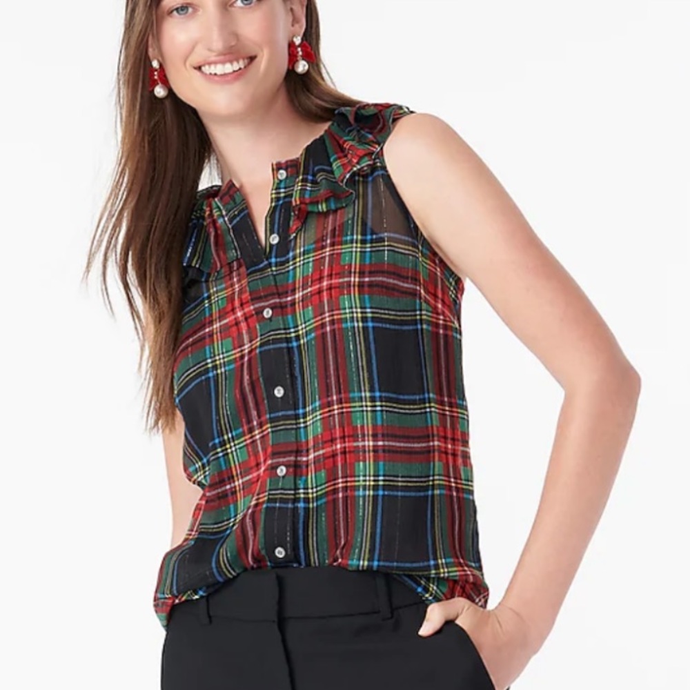 J.Crew Sleeveless ruffle-collar top Stewart tartan